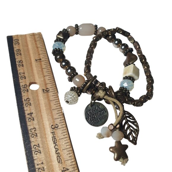 Handmade Mac Mode Italy Vintage Bronze Bead Stretch Two LayeBracelet  With Charm - Picture 3 of 6